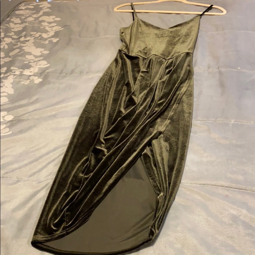 Velvet Green Strapped Dress with Slit